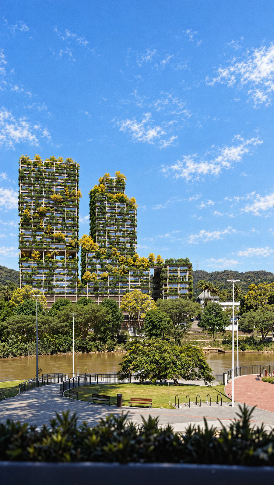 Imagem 3D de torres e lago, edifício residencial em Blumenau, SC. Feita pela Oficina3D.