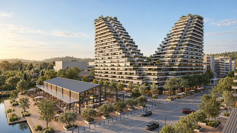 Imagem 3D de torres e parque, bairro planejado em Porto Belo, SC. Feita pela Oficina3D.
