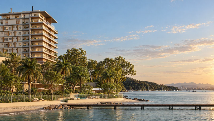 Imagem 3D de torres e píer ao entardecer, edifício residencial em Florianópolis, SC. Feita pela Oficina3D.