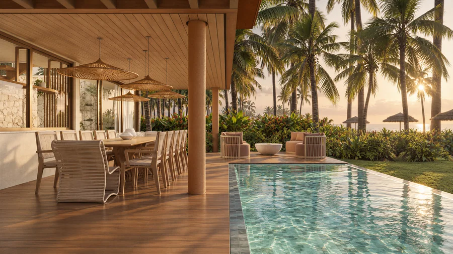 Imagem 3D de varanda gourmet e piscina, condomínio de casas em Japaratinga, AL. Feita pela Oficina3D.