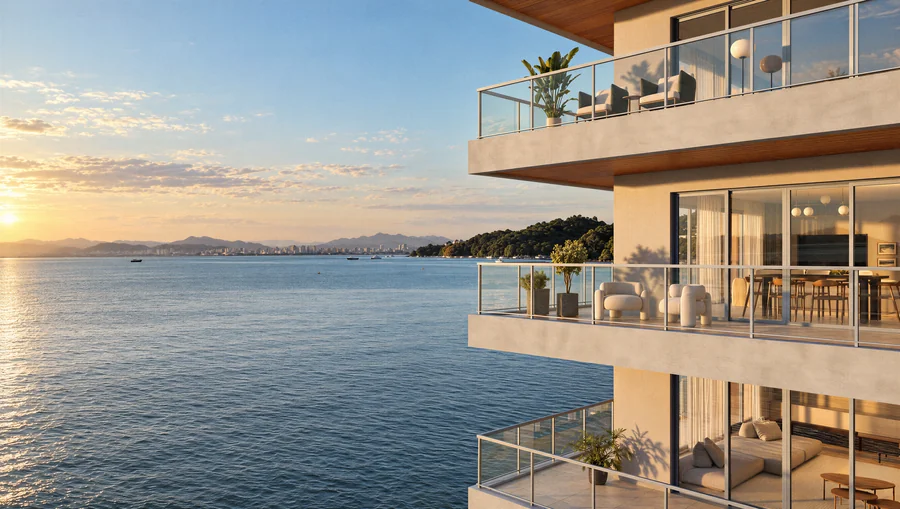Imagem 3D de varandas sobre o mar, edifício residencial em Florianópolis, SC. Feita pela Oficina3D.