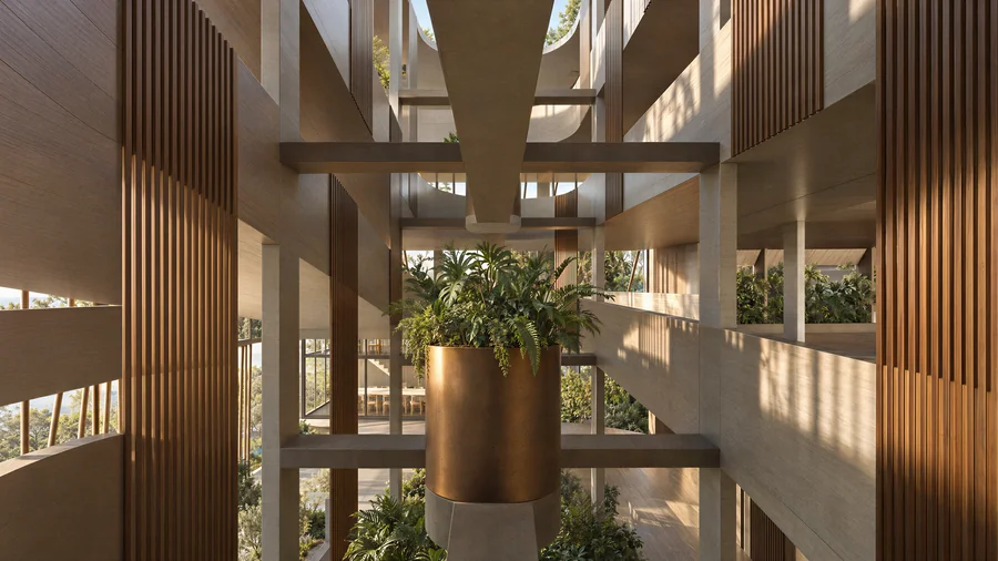 Imagem 3D de vazio com jardim suspenso, edifício residencial em Blumenau, SC. Feita pela Oficina3D.