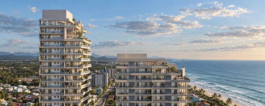 Imagem 3D de vista aérea da orla, edifício residencial em Balneário Piçarras, SC. Feita pela Oficina3D.