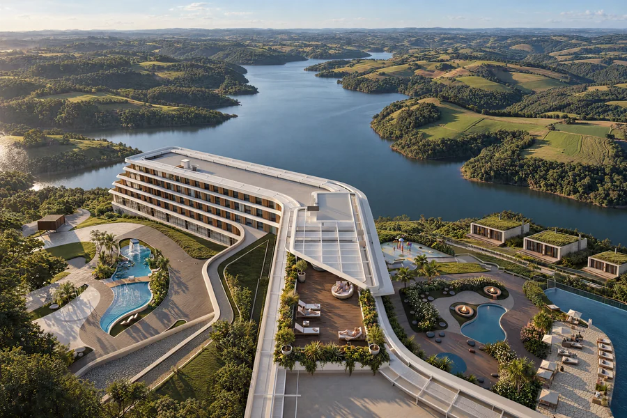 Imagem 3D de vista aérea do conjunto, hotel e resort em Piratuba, SC. Feita pela Oficina3D.