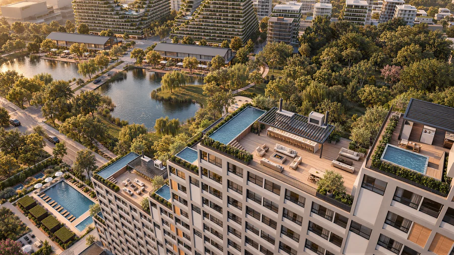 Imagem 3D de vista aérea do parque e do lago, bairro planejado em Porto Belo, SC. Feita pela Oficina3D.