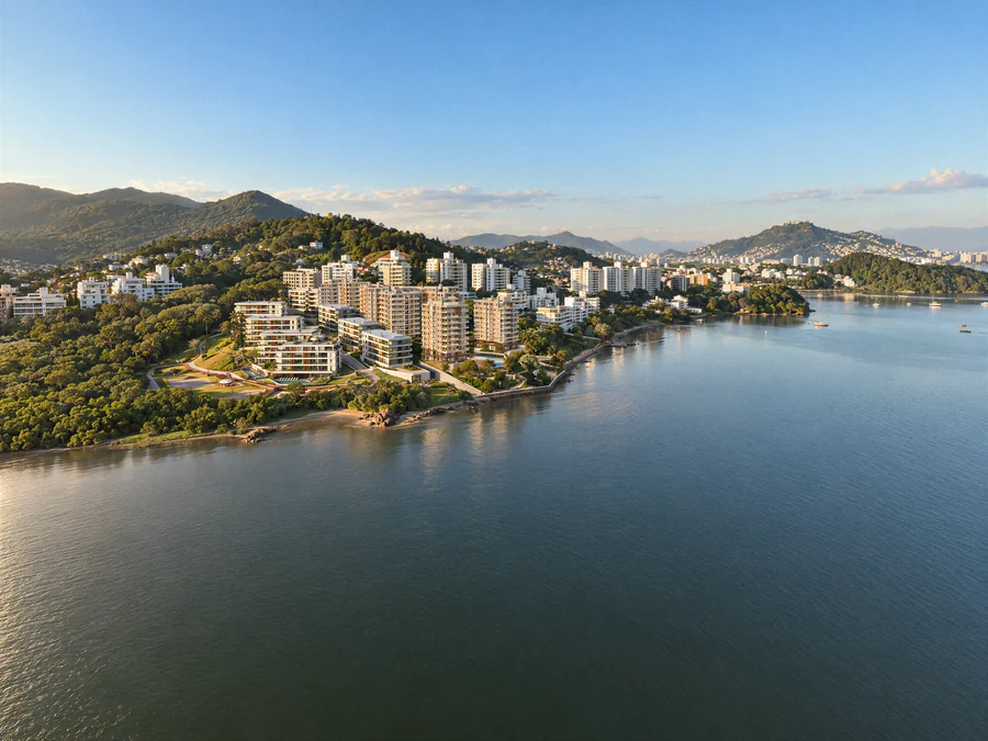 Imagem 3D de vista aérea, edifício residencial em Florianópolis, SC. Feita pela Oficina3D.