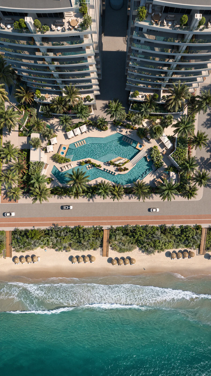 Imagem 3D de vista aérea, edifício residencial em Praia Brava, SC. Feita pela Oficina3D.