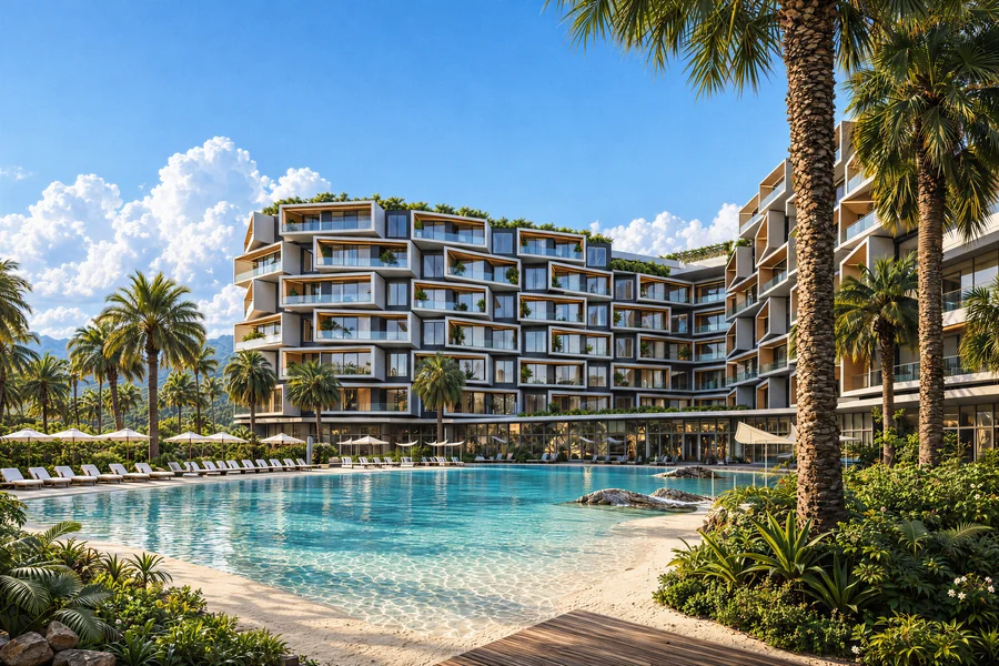Imagem 3D de vista aérea, hotel e resort em Punta Cana, República Dominicana. Feita pela Oficina3D.
