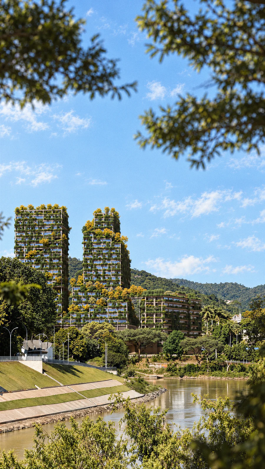 Imagem 3D de vista do parque, edifício residencial em Blumenau, SC. Feita pela Oficina3D.