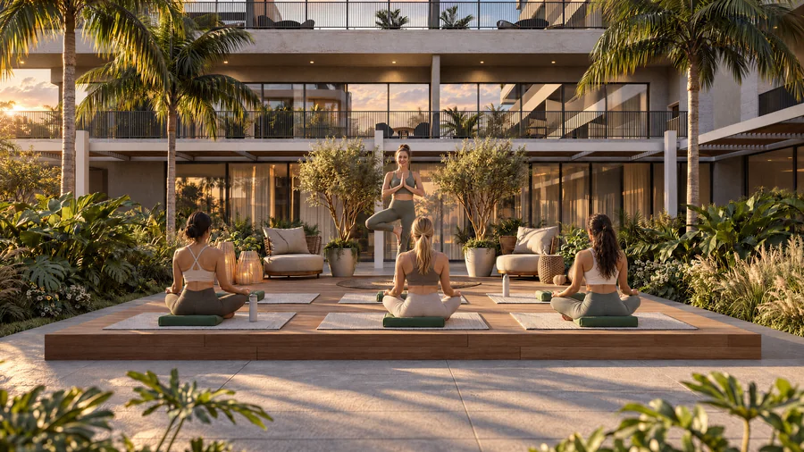Imagem 3D de yoga no jardim, bairro planejado em Porto Belo, SC. Feita pela Oficina3D.
